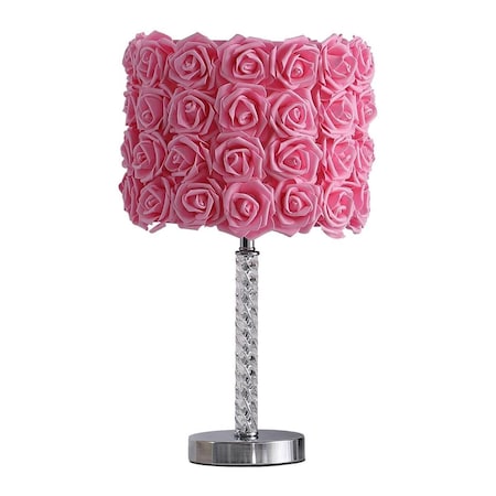 Benjara Bloom Roses Drum Shade Table Lamp with Twisted Acrylic Base, Pink BM231814
